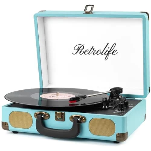Retrolife Record Player,3-Speed Bluetooth Suitcase Vinyl Player-Blue | Portable Vintage Turntable with Bluetooth Streaming thumbnail 1