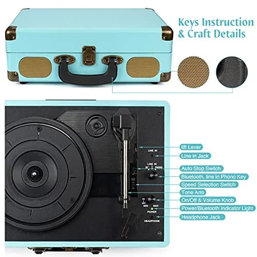 Retrolife Record Player,3-Speed Bluetooth Suitcase Vinyl Player-Blue | Portable Vintage Turntable with Bluetooth Streaming thumbnail 4