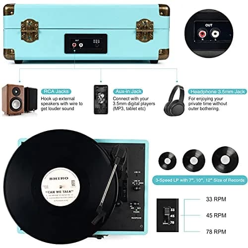 Retrolife Record Player,3-Speed Bluetooth Suitcase Vinyl Player-Blue | Portable Vintage Turntable with Bluetooth Streaming thumbnail 5
