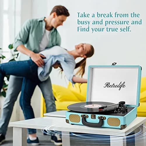Retrolife Record Player,3-Speed Bluetooth Suitcase Vinyl Player-Blue | Portable Vintage Turntable with Bluetooth Streaming thumbnail 6