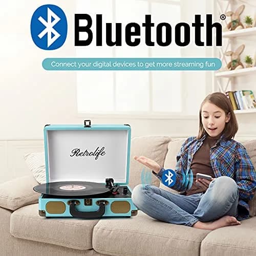 Retrolife Record Player,3-Speed Bluetooth Suitcase Vinyl Player-Blue | Portable Vintage Turntable with Bluetooth Streaming thumbnail 2