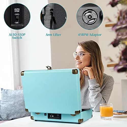 Retrolife Record Player,3-Speed Bluetooth Suitcase Vinyl Player-Blue | Portable Vintage Turntable with Bluetooth Streaming thumbnail 3