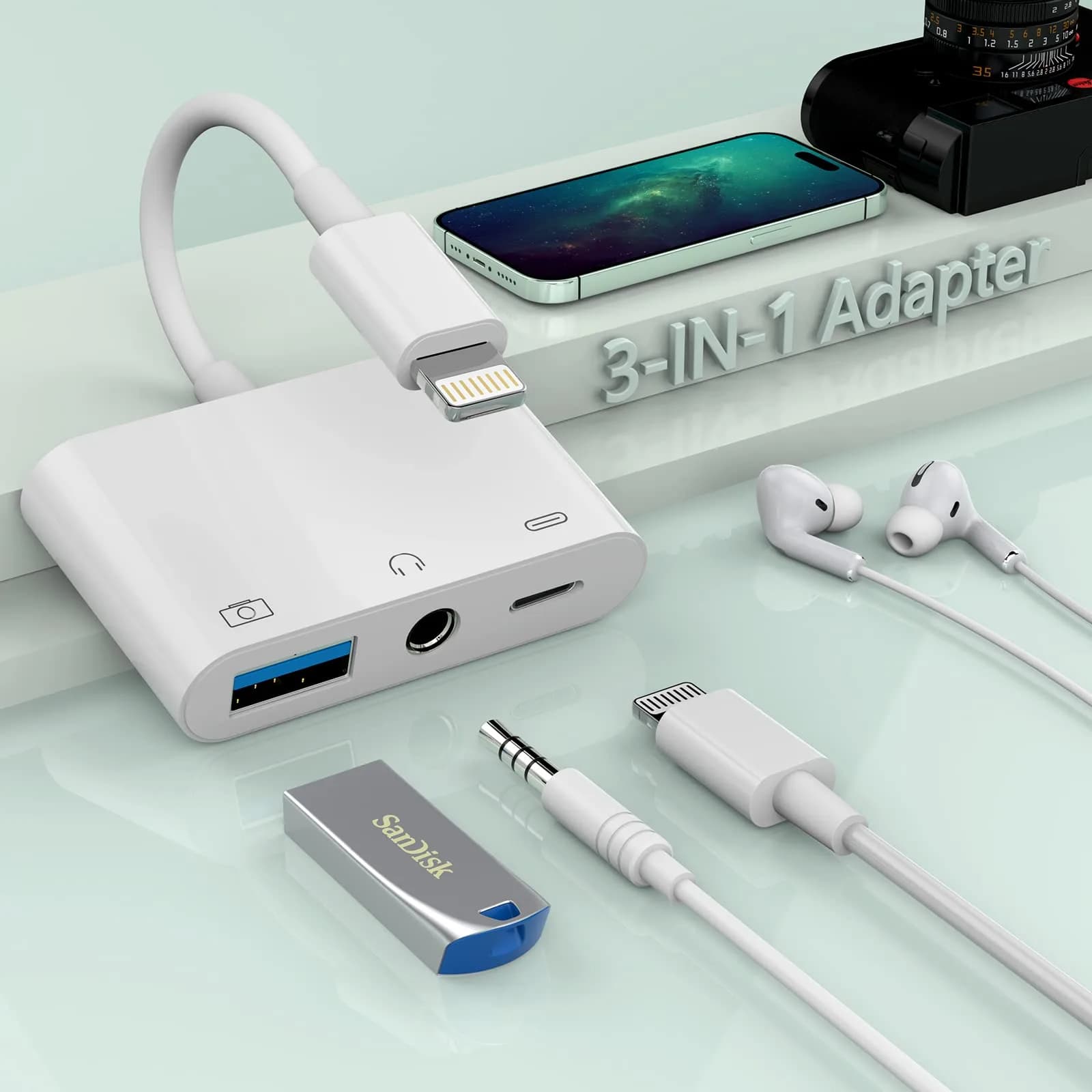 MTAKYA 3-in-1 Lightning USB Auxiliary Adapter with 3.5mm Jack & Charging Port | MFi Certified - main product image