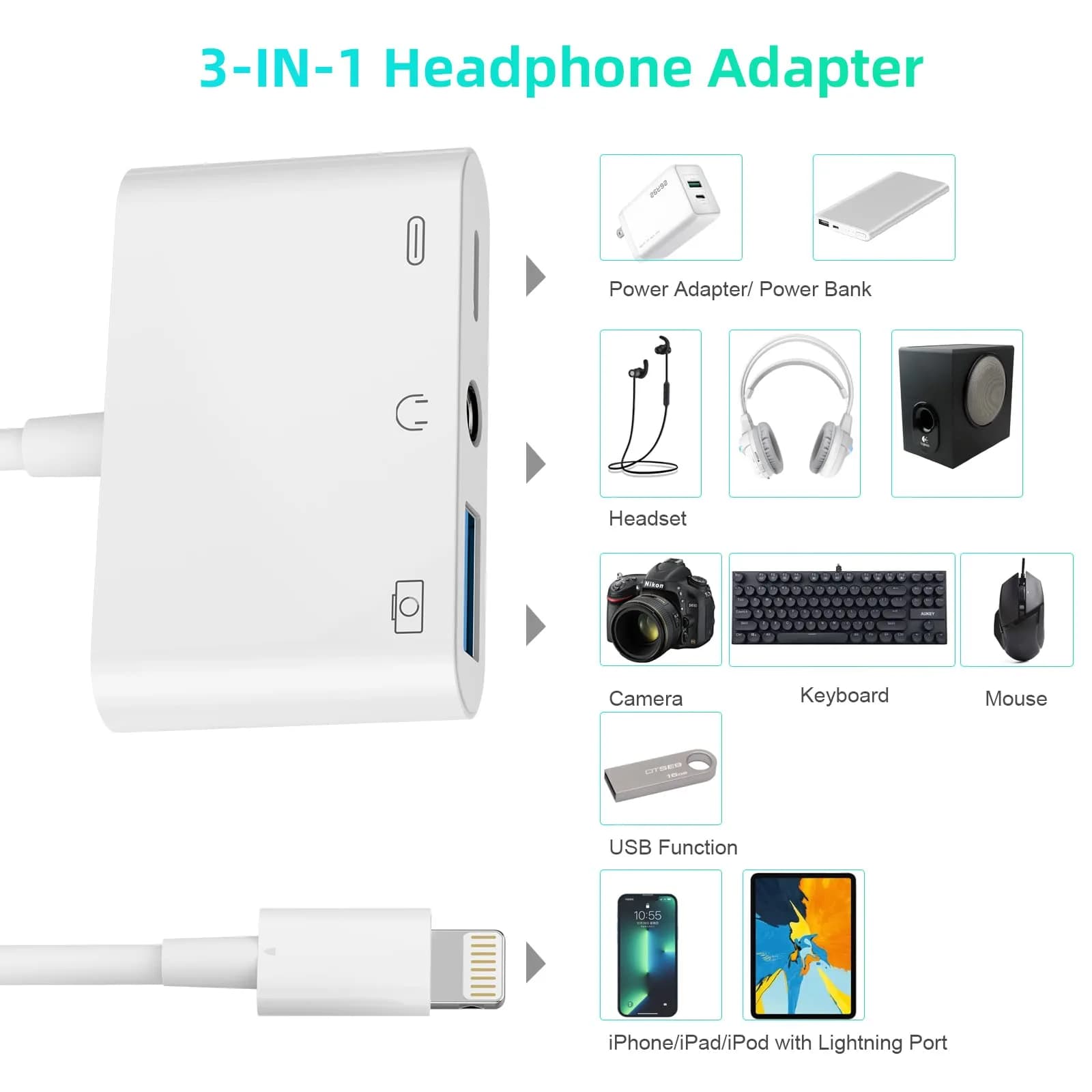 MTAKYA 3-in-1 Lightning USB Auxiliary Adapter with 3.5mm Jack & Charging Port | MFi Certified - view 2