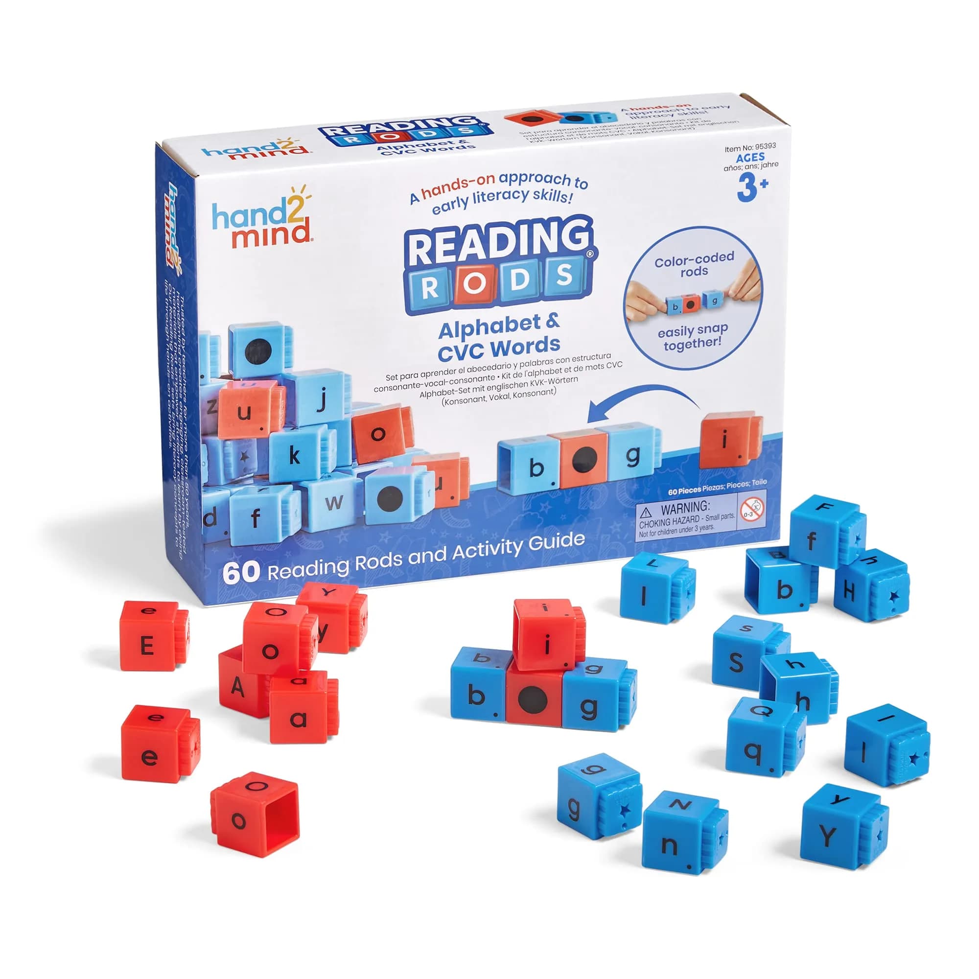 hand2mind Reading Rods Alphabet & CVC Words, Letter Blocks, Ages 3+ | Multicolor, 60 Rods for Early Literacy