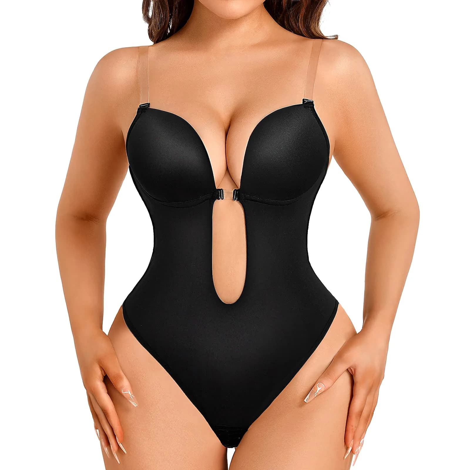 Decorus Backless Bodysuit Strapless Low-Back Thong Body-shaper for Women | Seamless Wedding Bodysuit with Built-in Bra (70-120 chars) — Black / Small