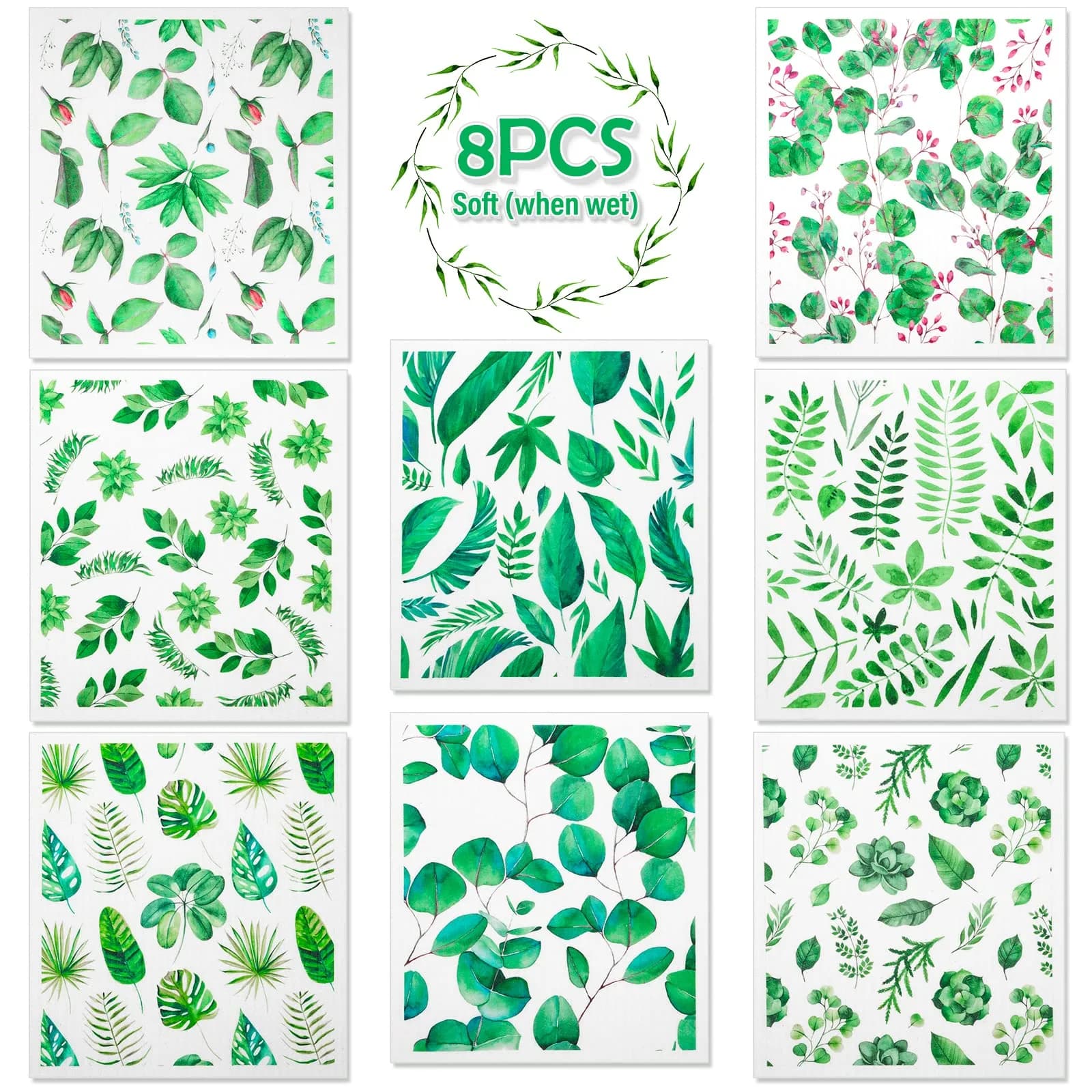 Lucomb Swedish Dishcloths 8 Pack 20x18cm (8x7in) | Reusable, Absorbent, Biodegradable Kitchen Towels — green Plants