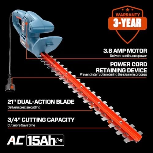 SENIX HTE3.8-L 21-Inch 120V Electric Hedge Trimmer | Precise 3/4" Cut, Alloy Steel Blades, Lightweight & Durable thumbnail 6
