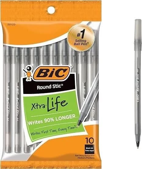 BIC Round Stic Xtra Life Black Ballpoint Pens, 120-Count | Smooth Ink Flow for Daily Writing — Black
