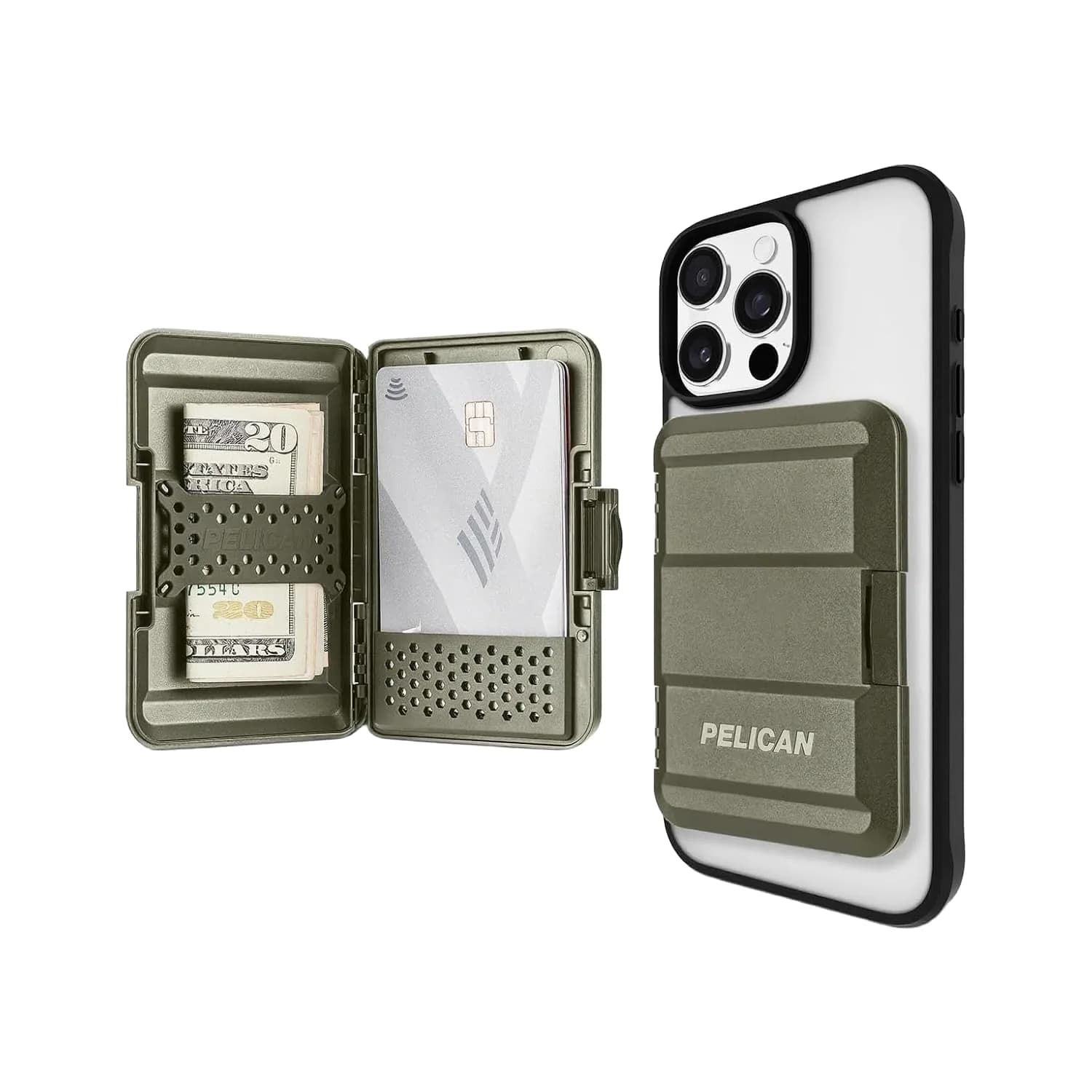 Pelican MagSafe Wallet for iPhone - OD Green | Holds up to 4 Cards + Cash, IPX4 Water Resistant