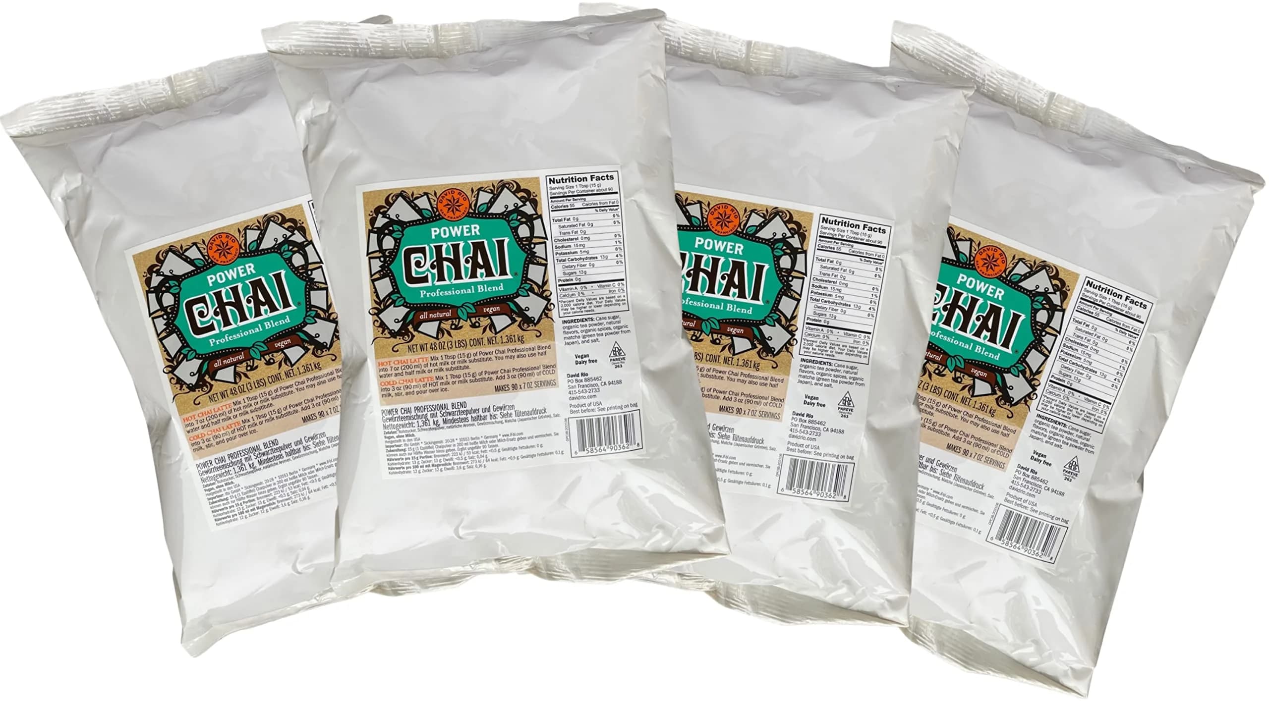 David Rio Power Chai with Matcha 48 Ounce Pack of 4 | Vegan Dairy-Free Craft Blend