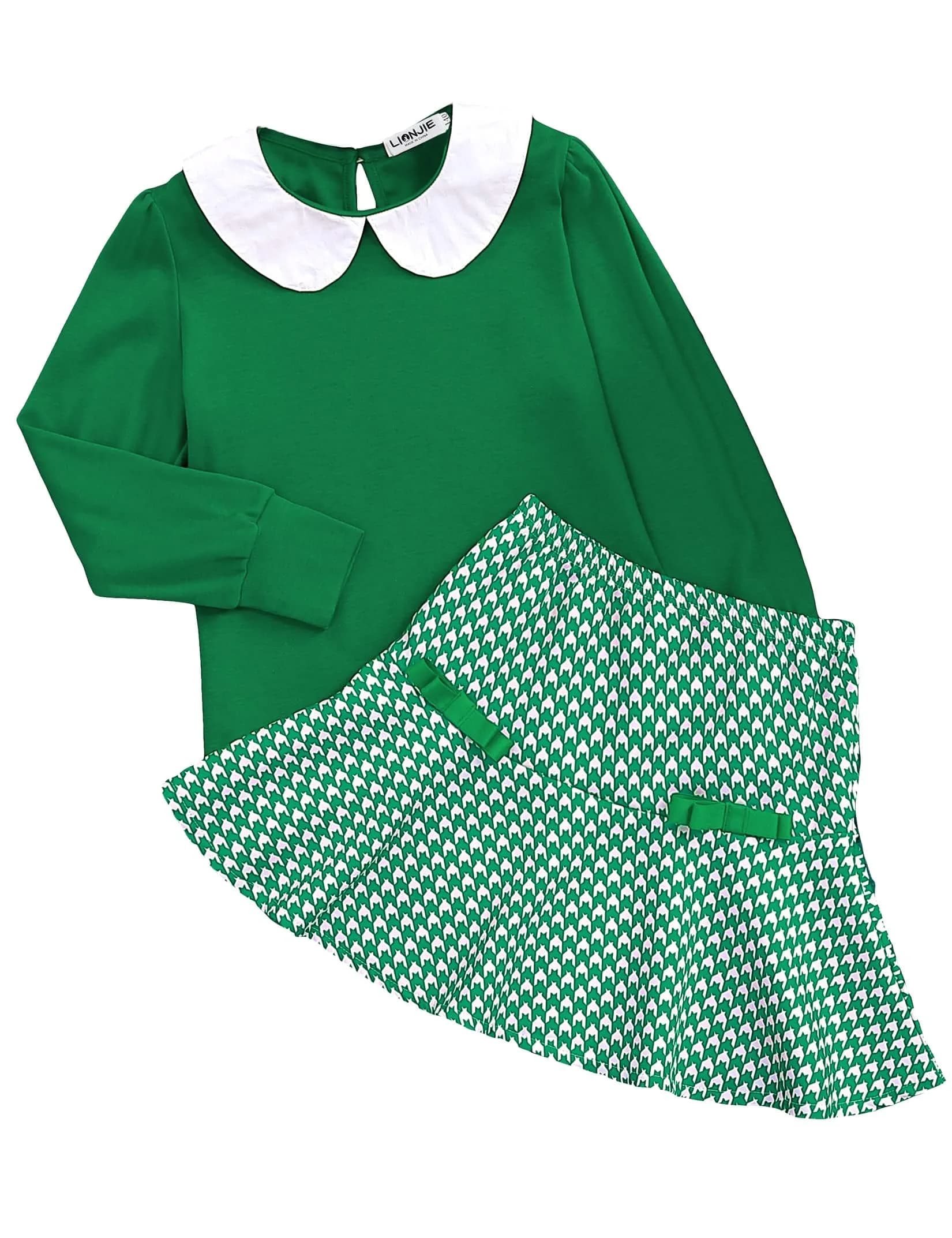LIONJIE Toddler Girl Outfit Set | Fall & Spring Clothes for 3-4Y | Long Sleeve Tops & Houndstooth Skirt