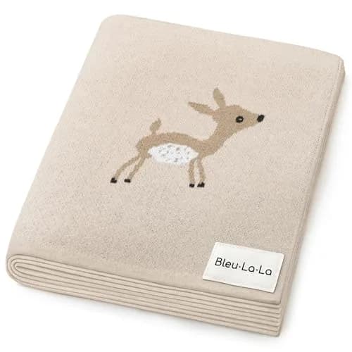 Bleu La La Knit Baby Swaddle Blanket - 100% Cotton Soft Cozy Receiving Swaddling Blanket for Newborns & Toddlers | Gender Neutral Taupe Deer thumbnail 1