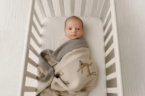Bleu La La Knit Baby Swaddle Blanket - 100% Cotton Soft Cozy Receiving Swaddling Blanket for Newborns & Toddlers | Gender Neutral Taupe Deer thumbnail 9