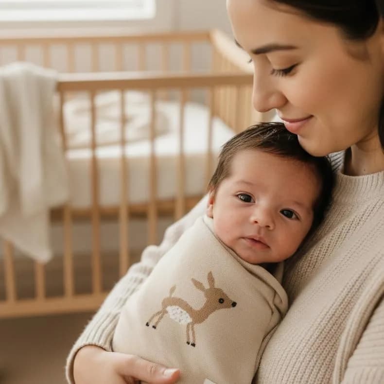 Bleu La La Knit Baby Swaddle Blanket - 100% Cotton Soft Cozy Receiving Swaddling Blanket for Newborns & Toddlers | Gender Neutral Taupe Deer thumbnail 3