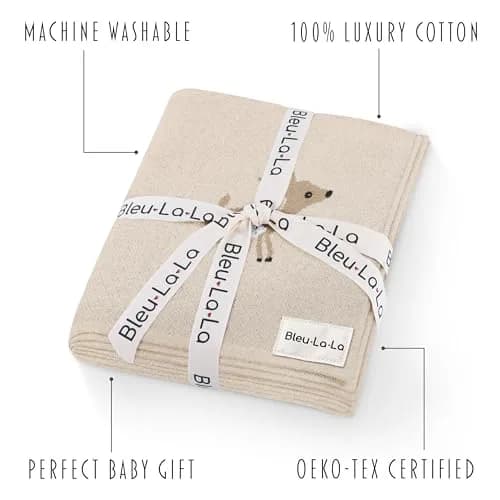 Bleu La La Knit Baby Swaddle Blanket - 100% Cotton Soft Cozy Receiving Swaddling Blanket for Newborns & Toddlers | Gender Neutral Taupe Deer thumbnail 4
