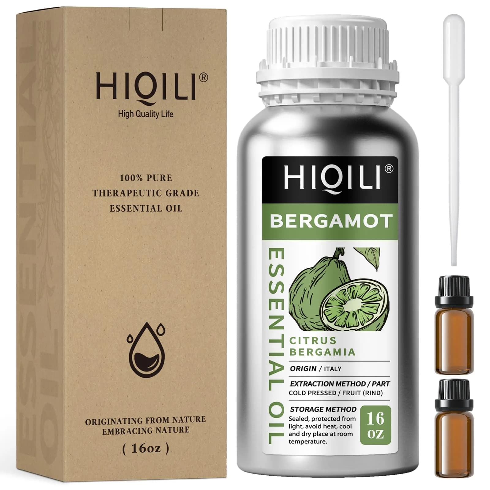 HIQILI Bergamot Essential Oil 16 Fl Oz (500ml) | Pure Italian Citrus for Diffuser, Skin, Hair & DIY - main product image