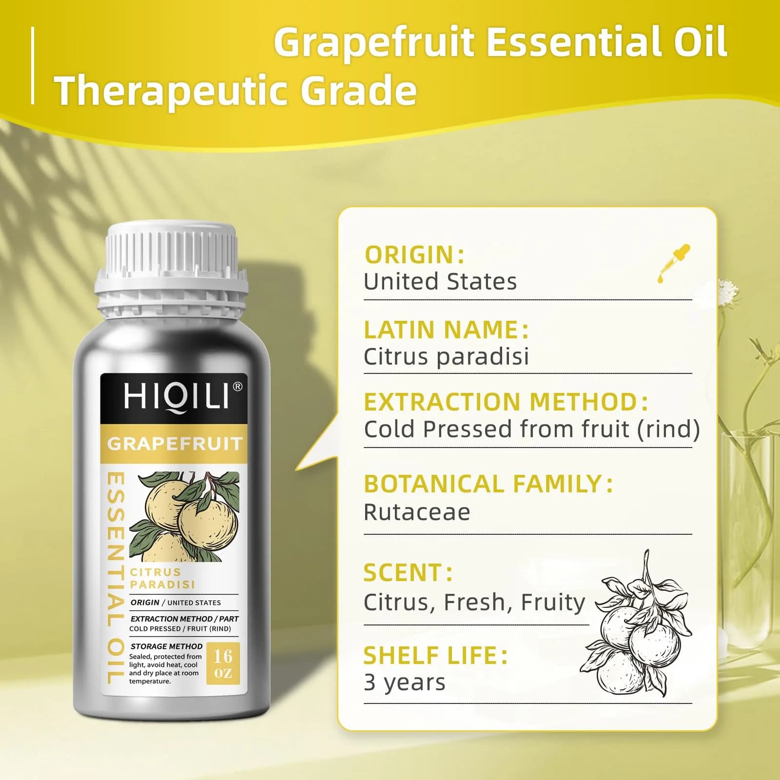 HIQILI Grapefruit Essential Oil 16 Fl Oz (473ml) | Cold Pressed USA Sourced - view 3