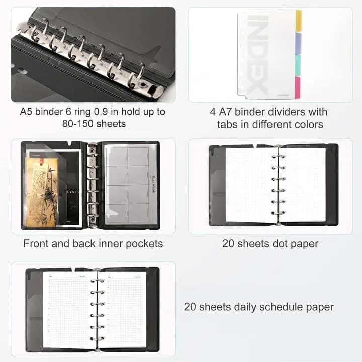 CAGIE A5 Binder 6 Ring Refillable Notebook with Dividers & Pockets | Durable, Refillable, 80 Pages thumbnail 5