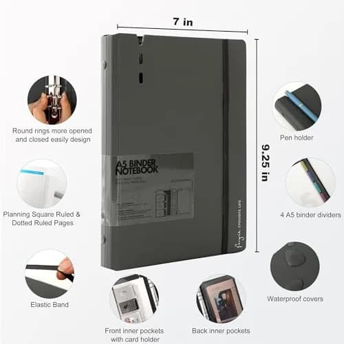 CAGIE A5 Binder 6 Ring Refillable Notebook with Dividers & Pockets | Durable, Refillable, 80 Pages thumbnail 2