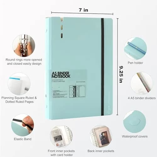 CAGIE A5 Binder 6 Ring Refillable Notebook with Dividers & Pockets | Durable Spiral Office & School Organizer thumbnail 2