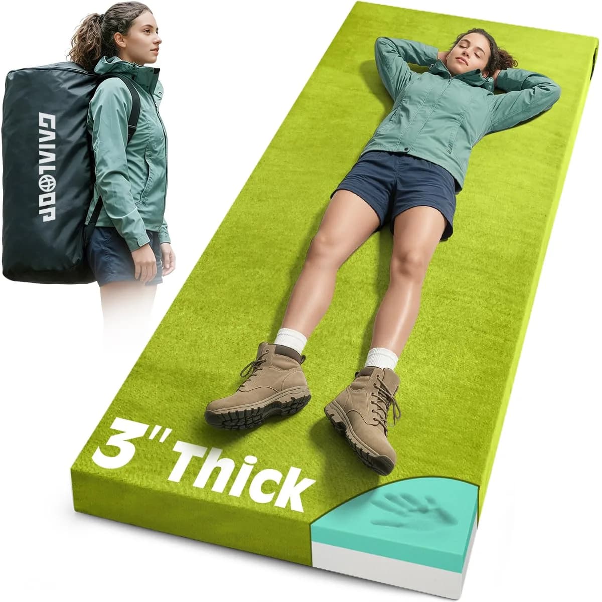 Gaialoop Memory Foam Camping Mattress 3 Inch | Avocado Green Supportive Floor Pad