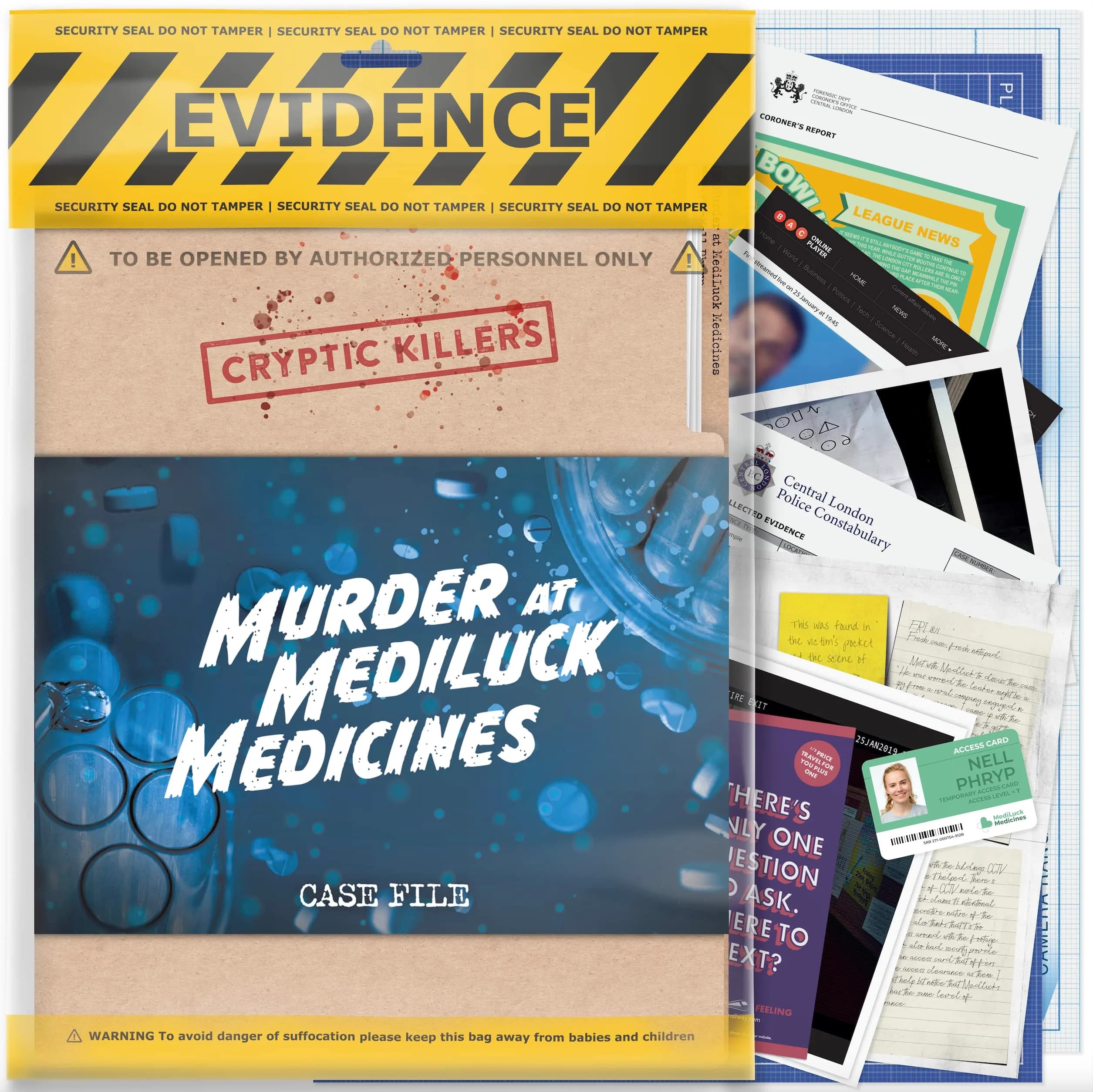 Cryptic Killers Murder Mystery Game: Murder at Mediluck Medicines Case File | 34 Documents - main product image