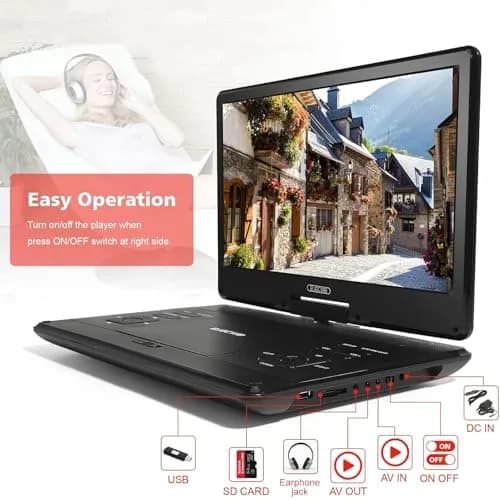 PJGCWB 14.1" HD Portable DVD Player with Swivel Screen & 4-6 Hr Battery | Region Free, Black thumbnail 2