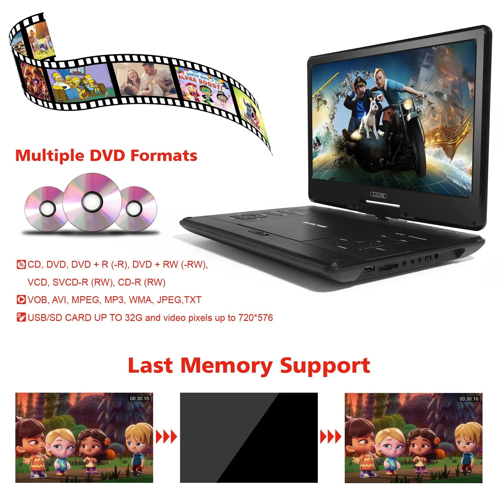 PJGCWB 14.1" HD Portable DVD Player with Swivel Screen & 4-6 Hr Battery | Region Free, Black - view 3
