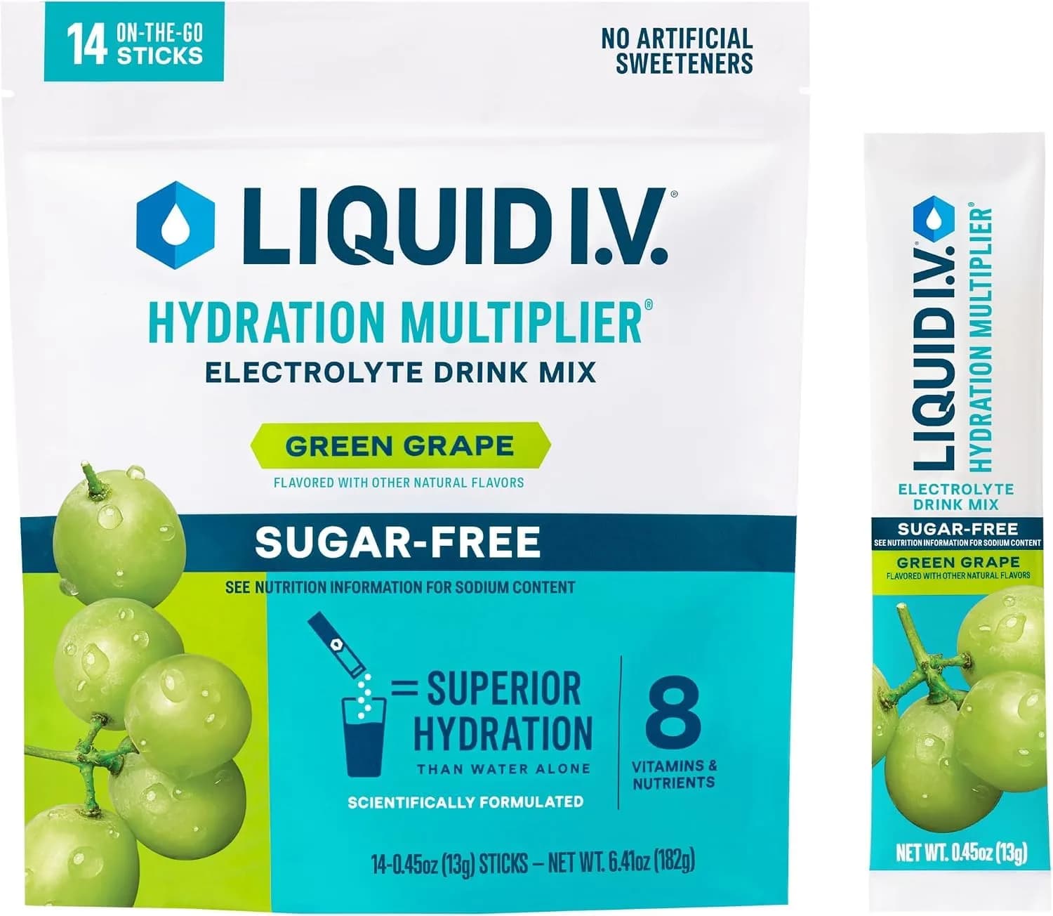 Liquid I.V. Sugar-Free Hydration Electrolytes Green Grape 6.41 oz (182 g) | Clinically Proven Hydration