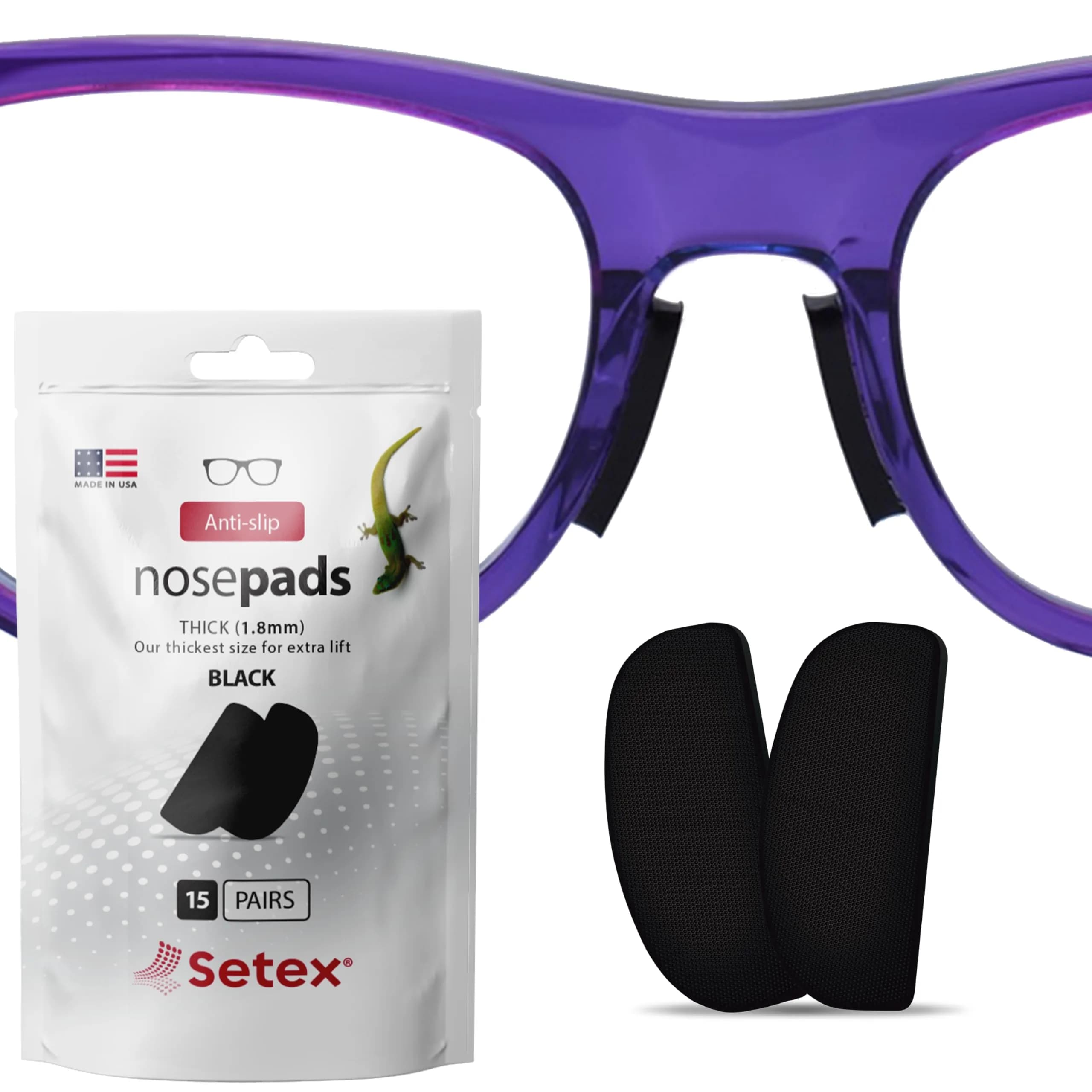 Setex Gecko Grip Thick 1.8mm Anti Slip Nose Pads for Glasses, 5 Pair Black | Secure Grip for Sweaty & Oily Skin — Bulk Pack 15 Black Pair
