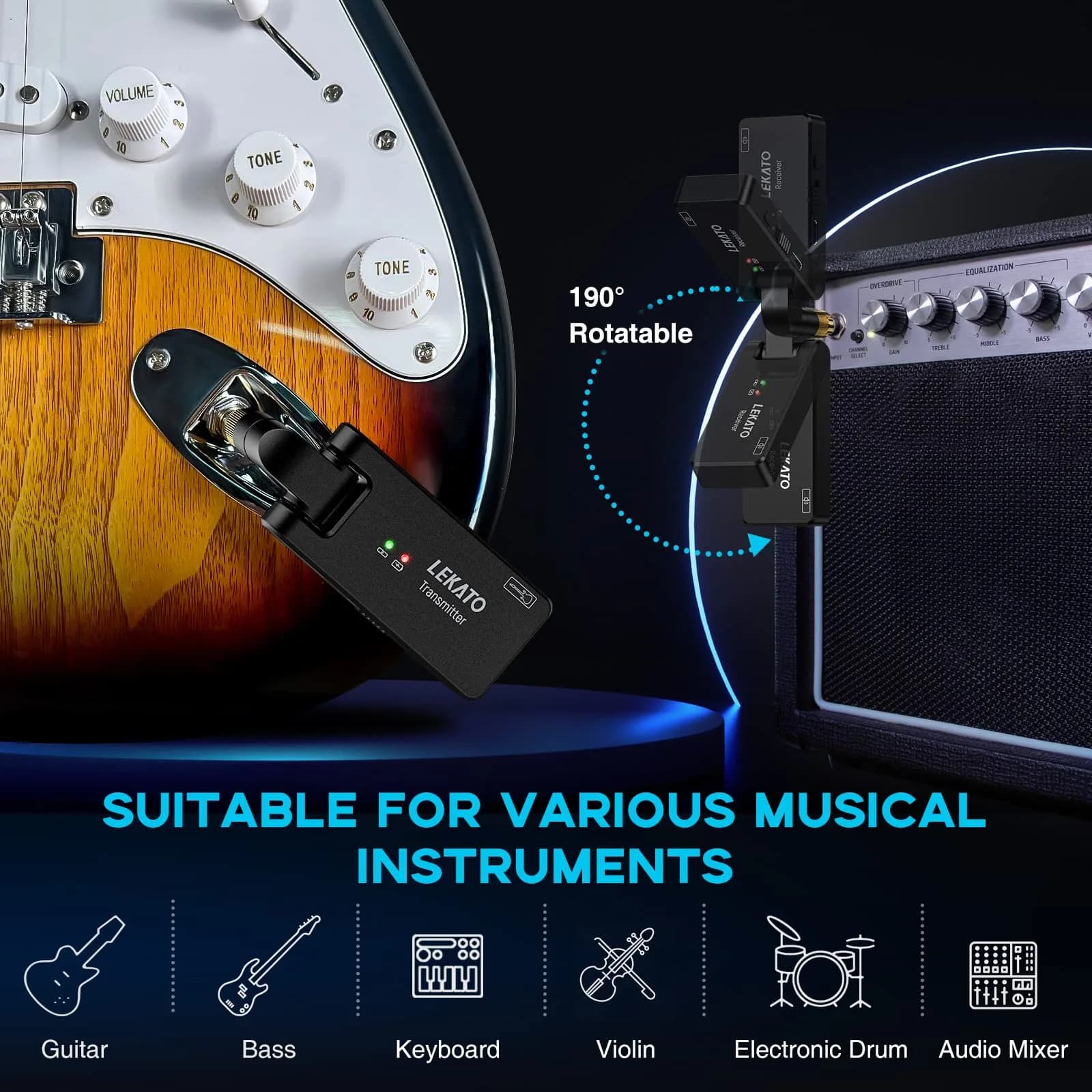 LEKATO WS-100 Wireless Guitar System with Charging Case, 4-Channel 2.4GHz Transmitter Receiver | <6.7ms Latency, 100ft Range - view 6