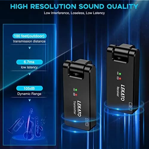 LEKATO WS-100 Wireless Guitar System with Charging Case, 4-Channel 2.4GHz Transmitter Receiver | <6.7ms Latency, 100ft Range thumbnail 3