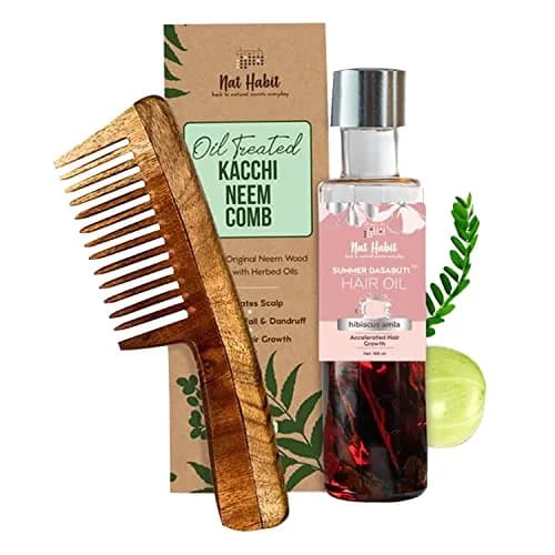Nat Habit Everyday Wide Tooth Wooden Comb & Hibiscus Hair Oil Combo Pack | 16cm (6.3in) Length, 7cm (2.7in) Width thumbnail 1