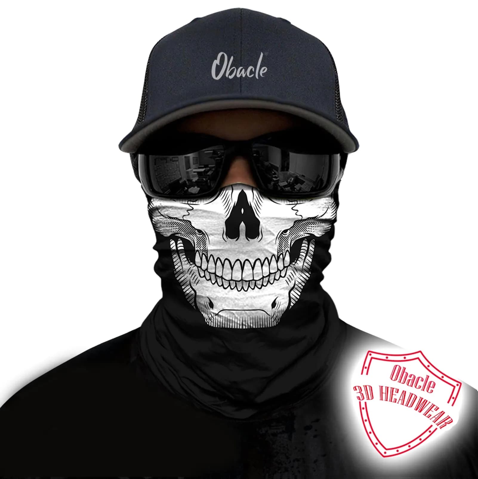 Obacle Skull White Face Mask with Black Nose Teeth - Seamless 3D Tube Bandana for Men & Women - view 2