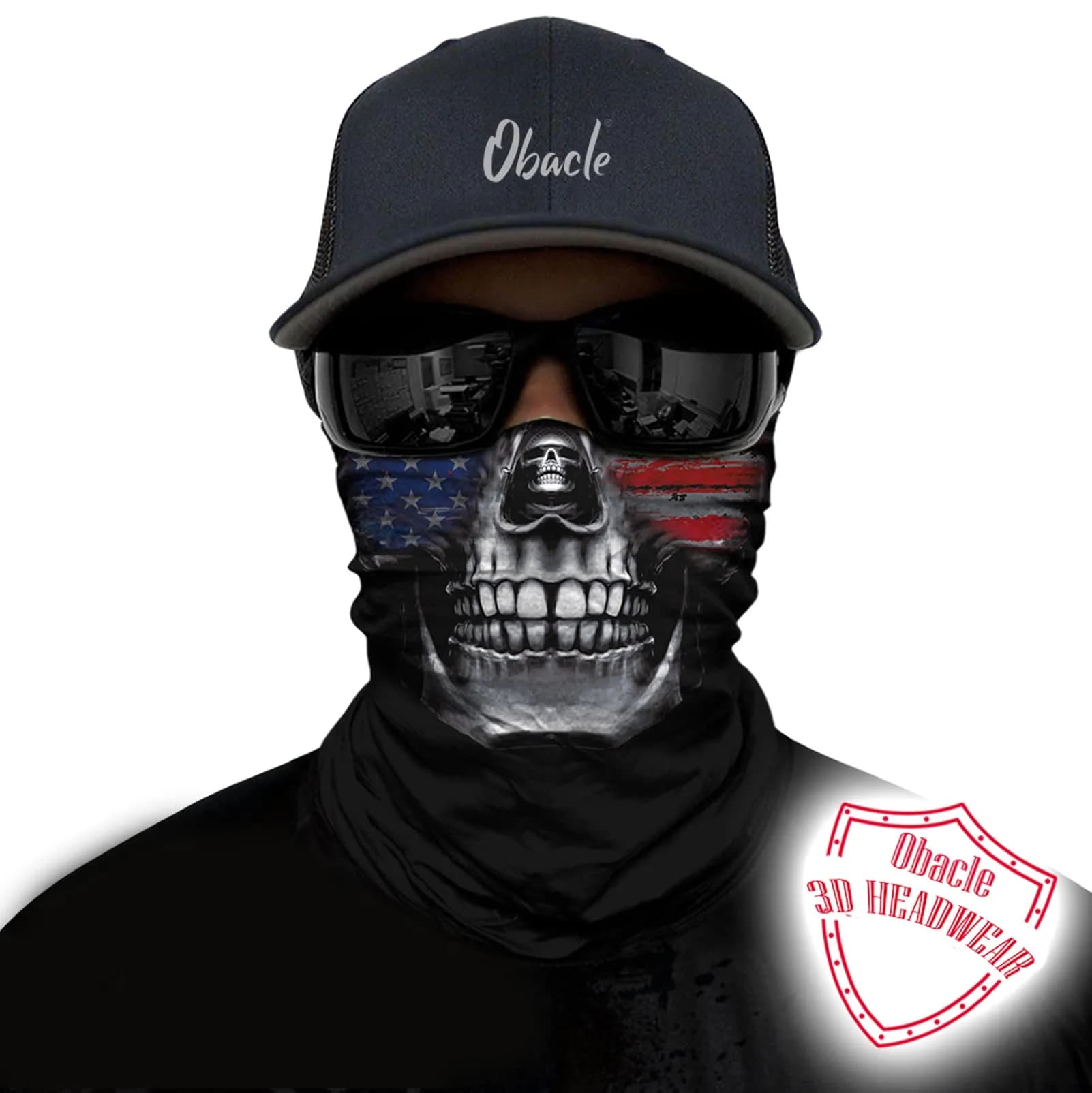 Obacle Skull Flag Face Mask - Blue Red Skull Design for Dust, Wind & UV Protection - view 3