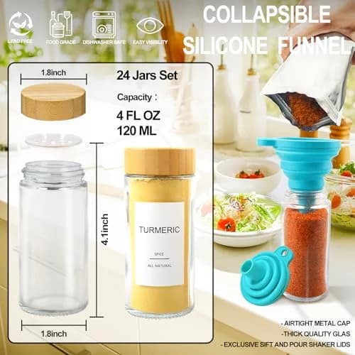 AISIPRIN Glass Spice Jars with Labels 4oz | Airtight Bamboo Lids & Accessories (70-120 chars) thumbnail 3