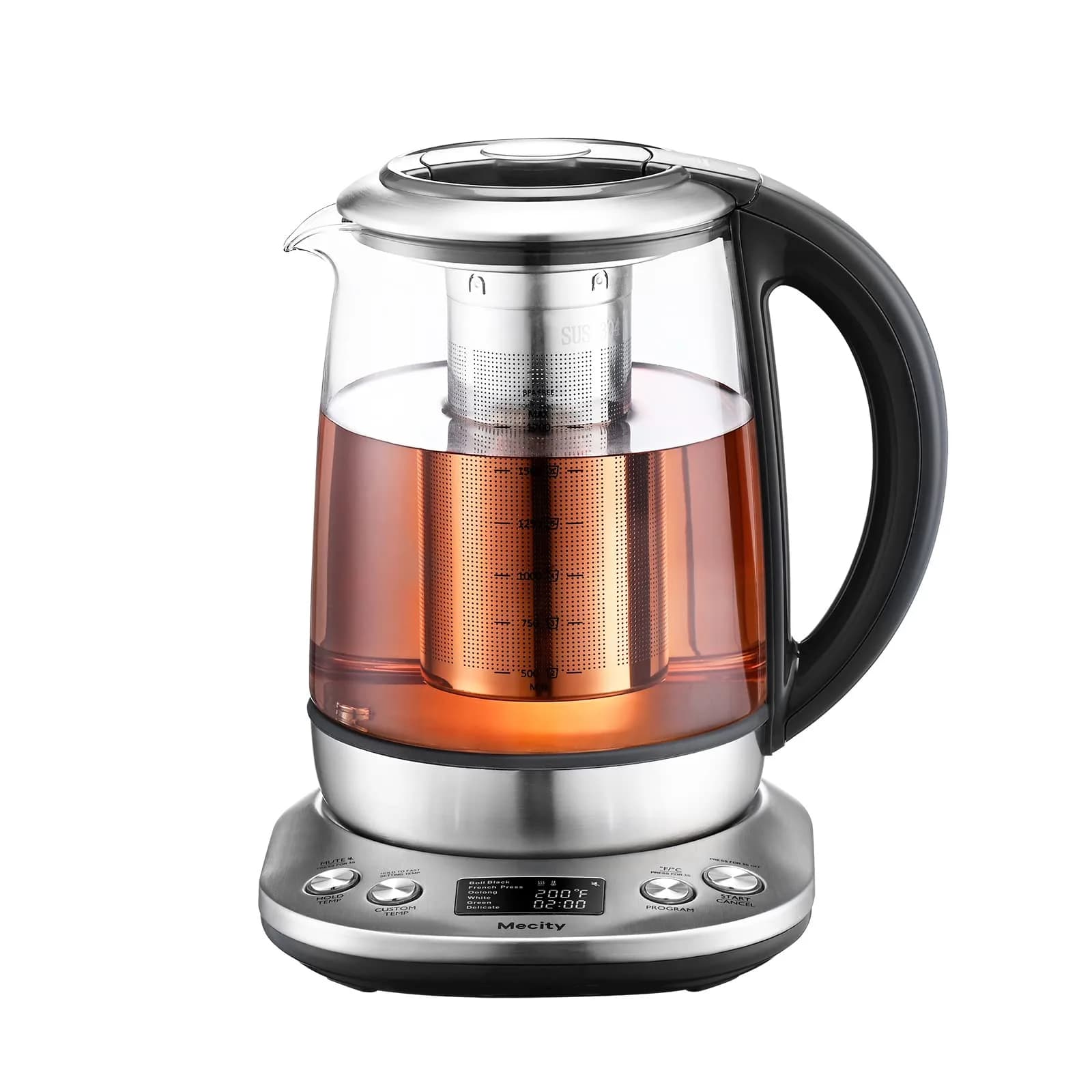 Mecity Electric Tea Kettle Borosilicate Glass Tea Maker 1.7L (57 oz) | Temperature Control with Infuser & LCD Display — Stainless Steel