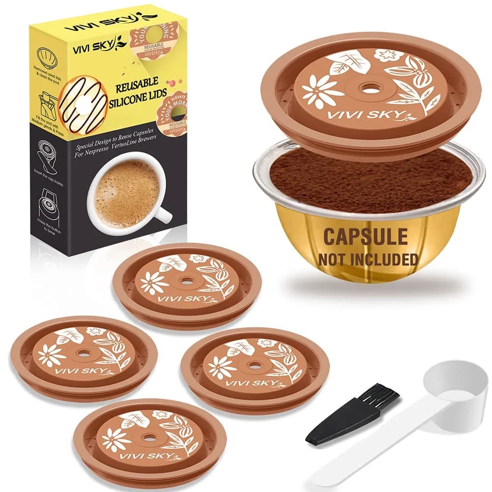 VIVI SKY Silicone Lids for Nespresso Vertuo Pods: 5 Pack Reusable Covers | Fits All Vertuo Sizes - main product image