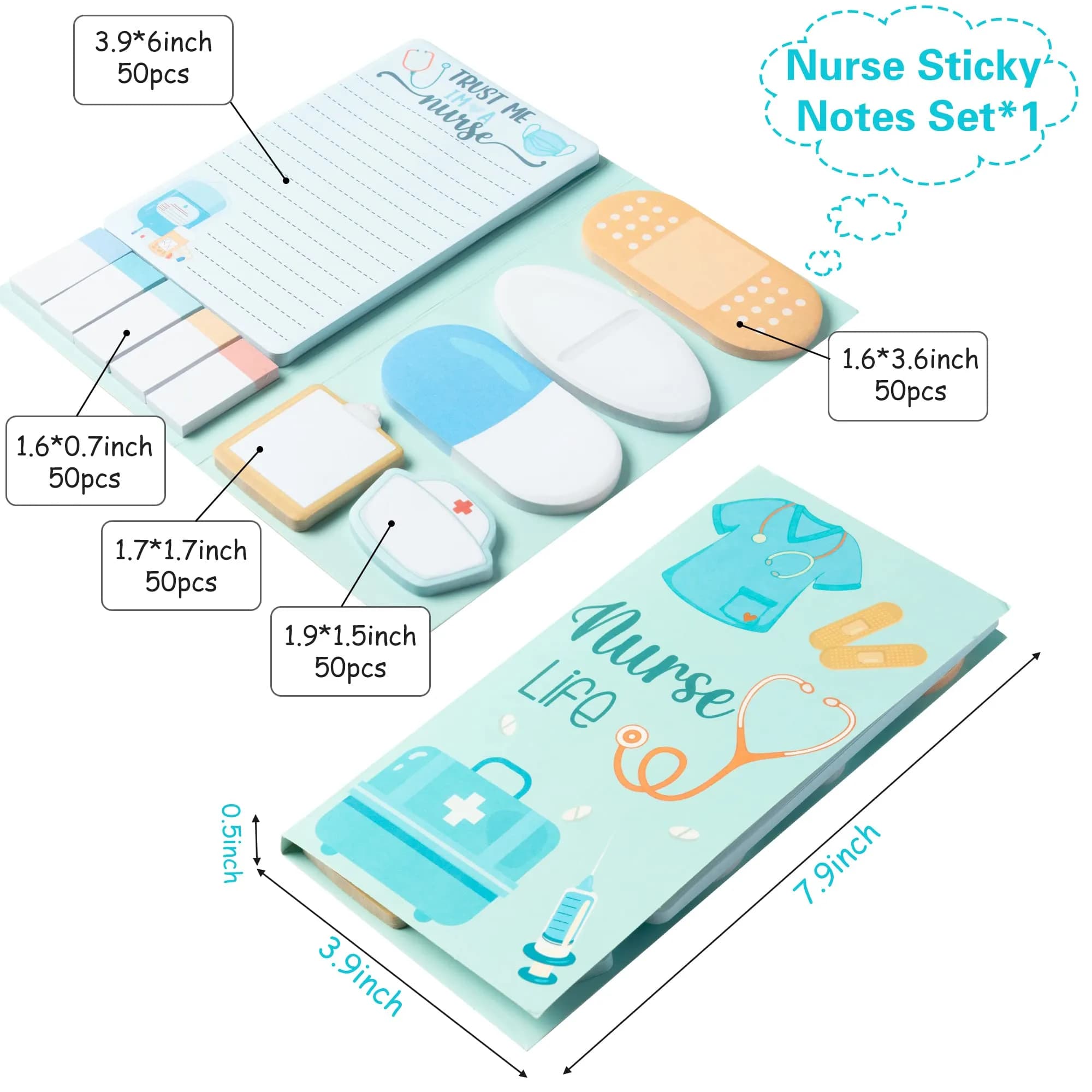 Xqumoi Nurse Sticky Notes Set, 550 Sheets, Cute Cartoon Medical Supplies Memo Pads Bundle | Ideal for Nursing Students & Hospital Staff - view 2