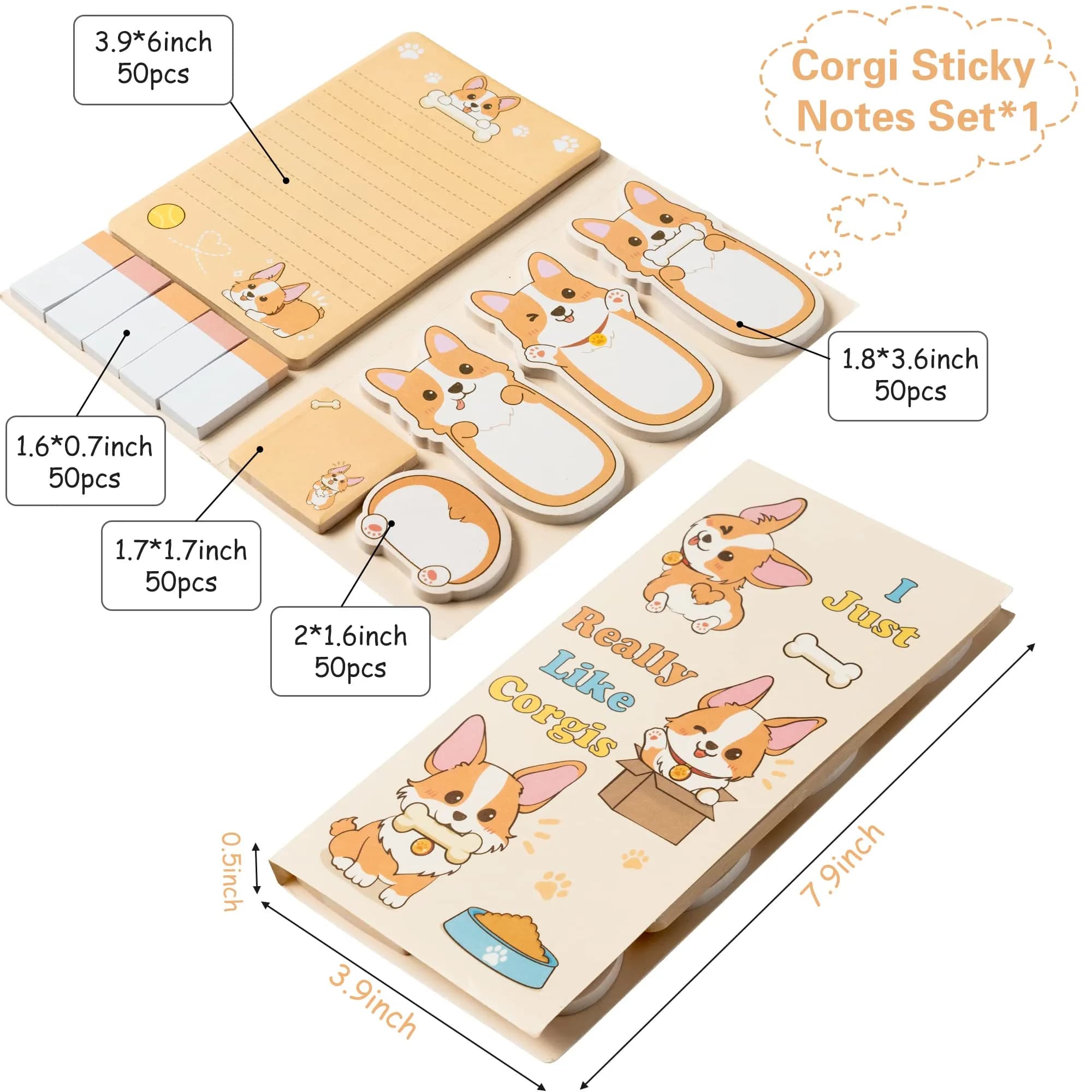 Xqumoi Corgi Butt Sticky Notes Set, 550 Sheets, Cute Cartoon Animal Divider Tabs Bundle Writing Memo Pads - view 2
