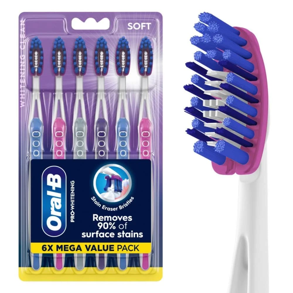 Oral-B 3D White Deep Stain Remover Toothbrushes 6 Count | Removes 90% Surface Stains, Whitens Teeth, Gentle on Gums — Multicolor