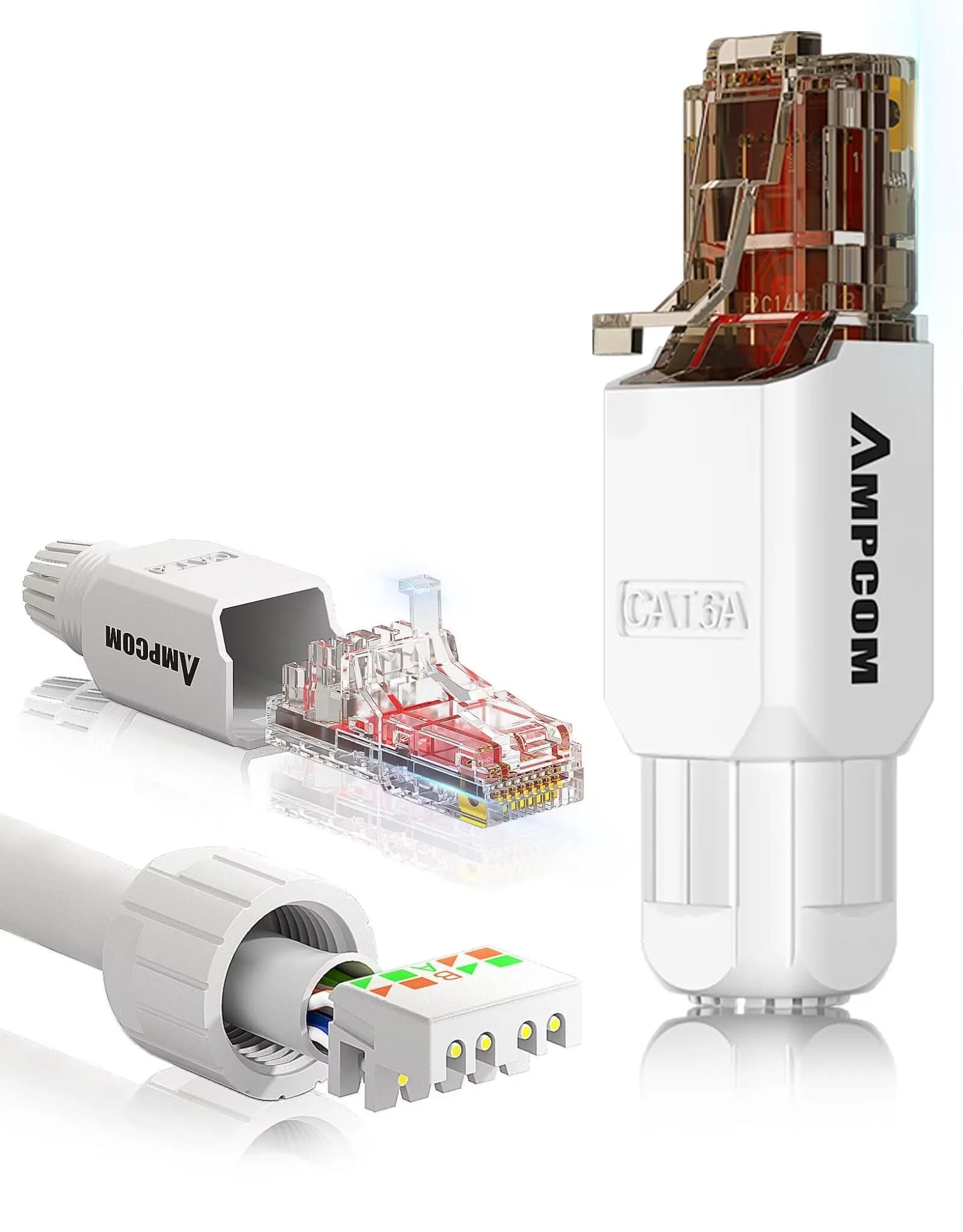 AMPCOM Cat6A Tool Free RJ45 Connector White 12 Pack | Fast, Reusable Ethernet Plug for 23-26 AWG Cables