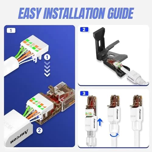 AMPCOM Cat6A Tool Free RJ45 Connector White 12 Pack | Fast, Reusable Ethernet Plug for 23-26 AWG Cables thumbnail 6
