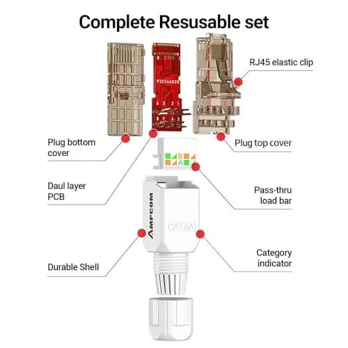 AMPCOM Cat6A Tool Free RJ45 Connector White 12 Pack | Fast, Reusable Ethernet Plug for 23-26 AWG Cables thumbnail 7