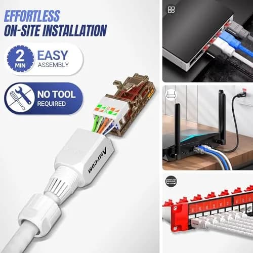 AMPCOM Cat6A Tool Free RJ45 Connector White 12 Pack | Fast, Reusable Ethernet Plug for 23-26 AWG Cables thumbnail 3