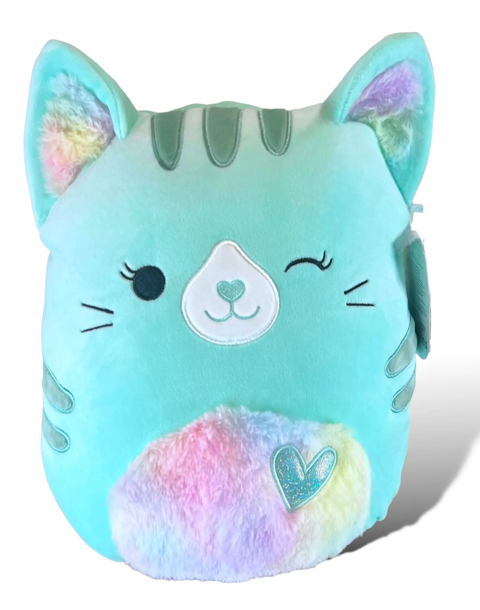 Squishmallows Corinna Teal Tabby Cat 11 Inch Plush | Rainbow Fuzzy Ears & Heart Belly