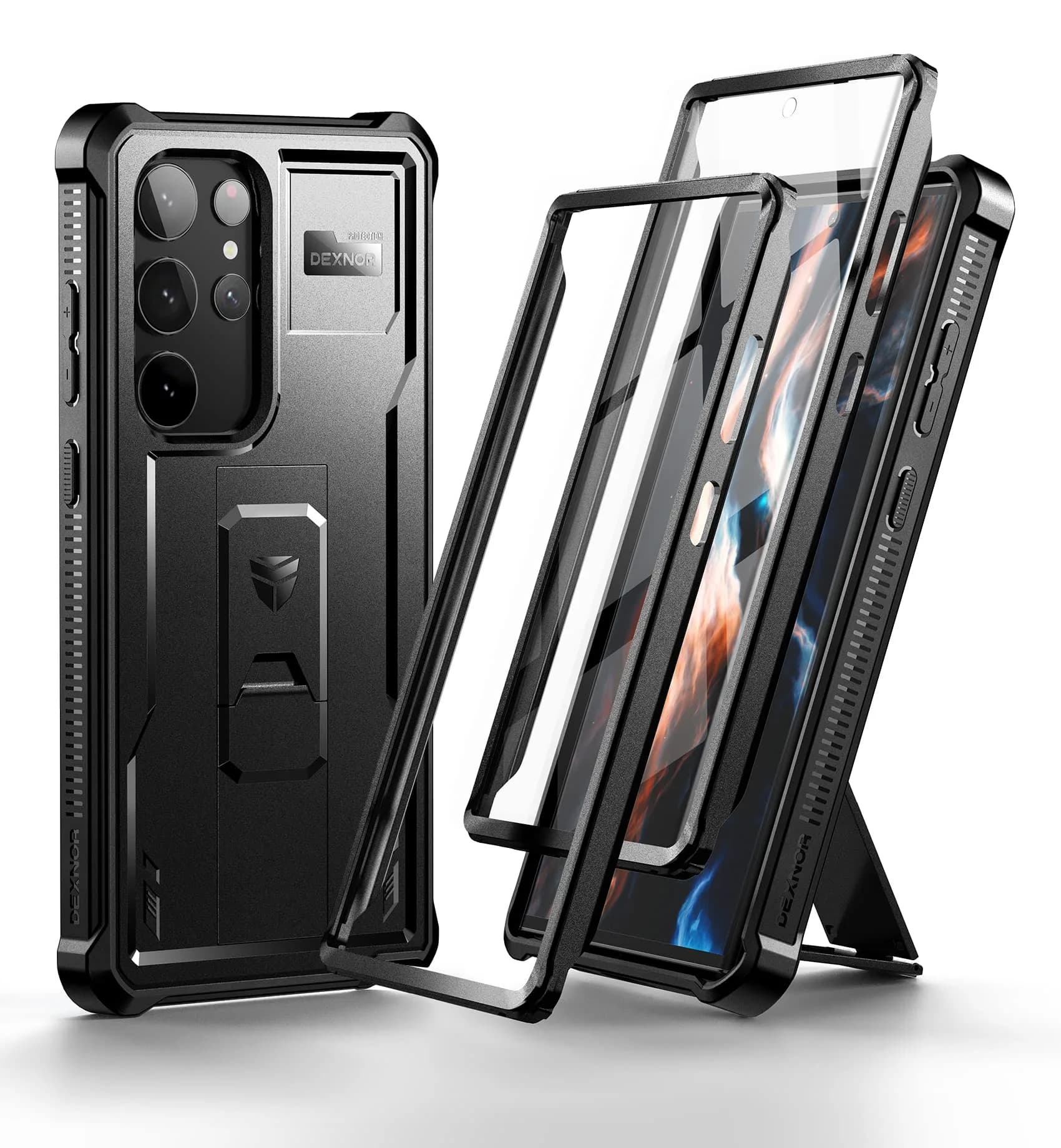 Dexnor Compatible with Samsung Galaxy S23 Ultra Case, Double Front Frame & Stand, Shock Absorber Technology Drop Protection - Black | Shockproof & Robust
