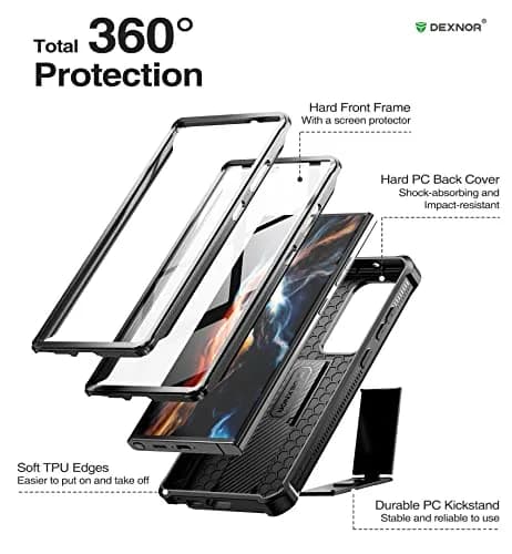 Dexnor Compatible with Samsung Galaxy S23 Ultra Case, Double Front Frame & Stand, Shock Absorber Technology Drop Protection - Black | Shockproof & Robust thumbnail 6