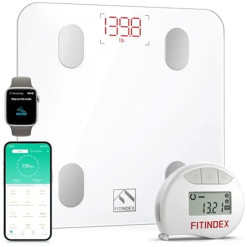 FITINDEX Smart Scale and Tape Measure | Bluetooth Body Composition Analyzer with App Sync | 180kg (400lb) Capacity — White Bluetooth Scale+Tape